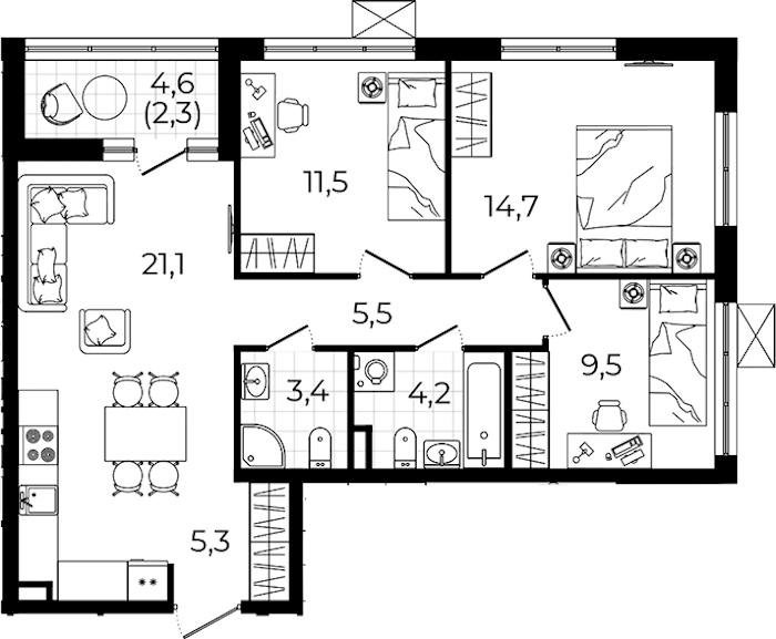 3-комнатная квартира 77.6 м², 9/12 эт., ЖК «А101 Всеволожск»